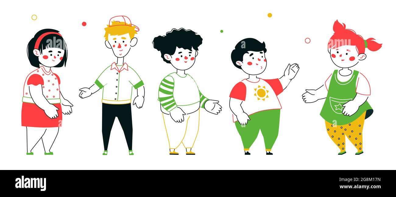 Happy preschool bambini - linea colorata set di personaggi su sfondo bianco. Due allegri ragazzi, tre ragazze, asilo in piedi insieme Illustrazione Vettoriale