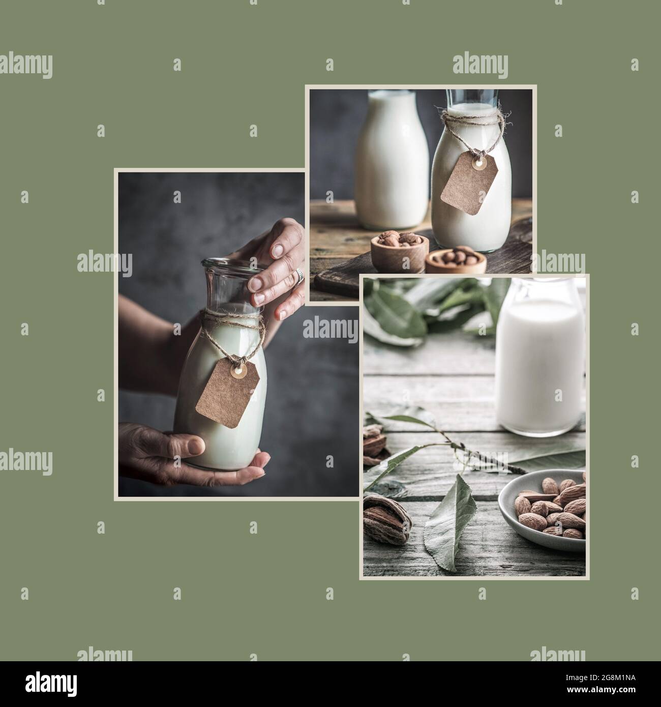 Latte di mandorle fatto in casa. Moodboard dal design pulito. Collage di tre foto. Cibo sano. Foto Stock