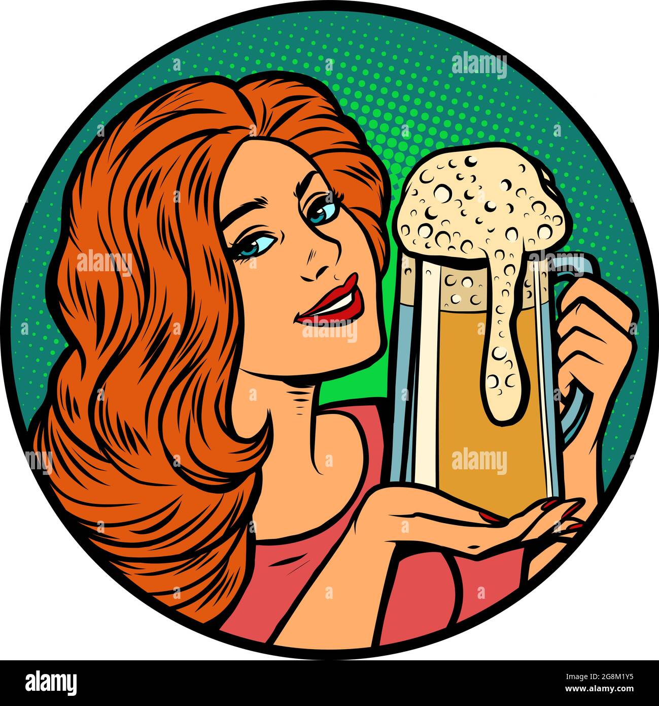 Una bella donna con una tazza di birra schiumosa. Bar e ristorante bevande alcoliche Illustrazione Vettoriale
