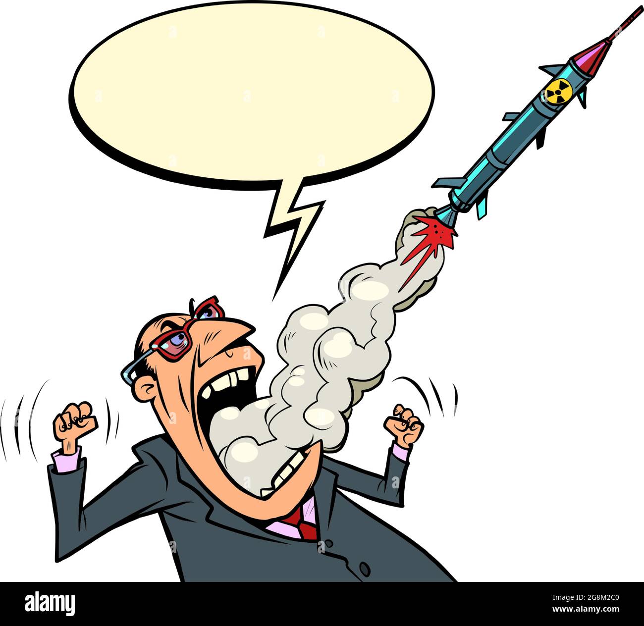 Un politico militarista con missili parla della necessità di una guerra. L'arma vola fuori dalla persona Illustrazione Vettoriale