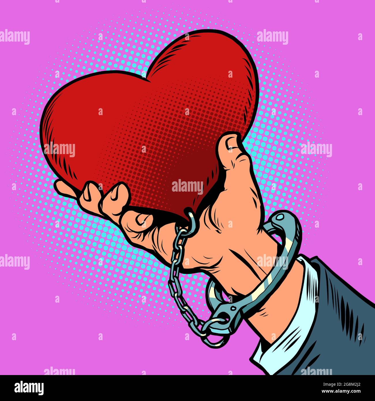 dipendenza dall'amore. il cuore rosso è ammanettato alla mano dell'uomo. San Valentino Illustrazione Vettoriale