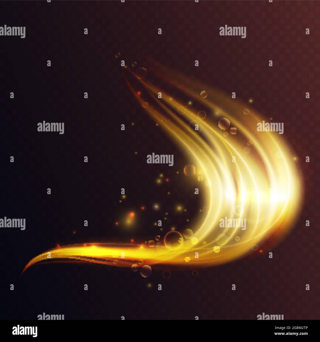 Illustrazione vettoriale dell'effetto luminoso astratto in oro. Scintillanti dinamici di lusso e elementi decorativi con linee di movimento in colori dorati e luminosi, tracce di energia al neon su sfondo nero trasparente Illustrazione Vettoriale
