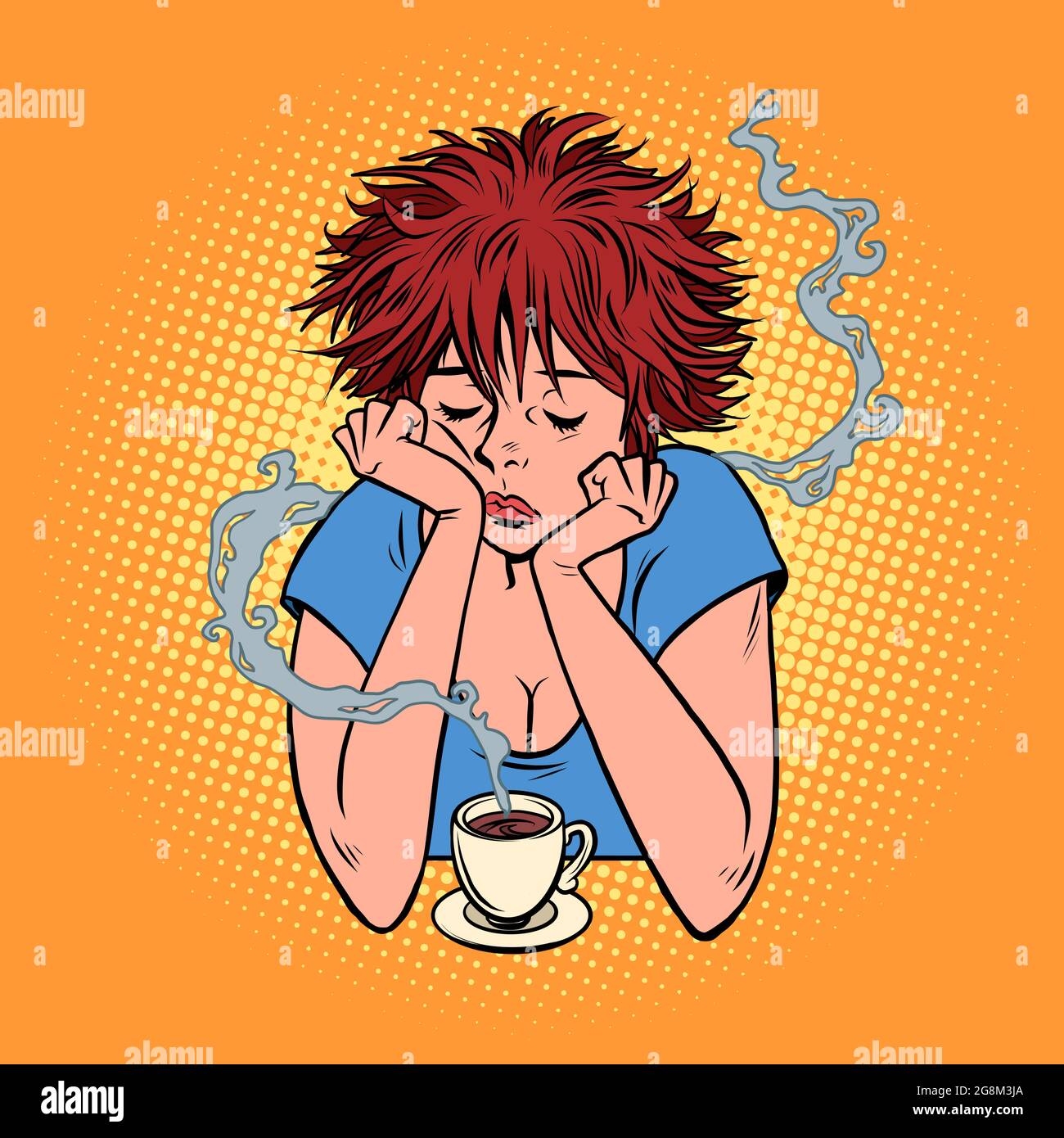 Una donna triste sopra una tazza di caffè. Bar e ristorante. Bevanda calda Illustrazione Vettoriale