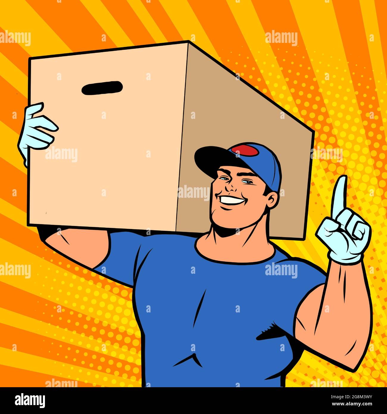 Consegna del corriere dell'uomo forte in una scatola. Servizio di negozio online Illustrazione Vettoriale