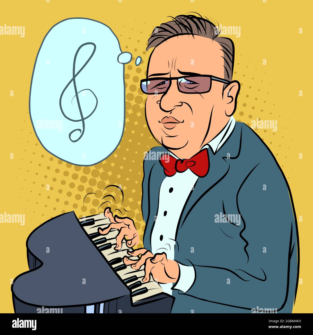un uomo suona un pianoforte giocattolo, un compositore esegue un concerto Illustrazione Vettoriale