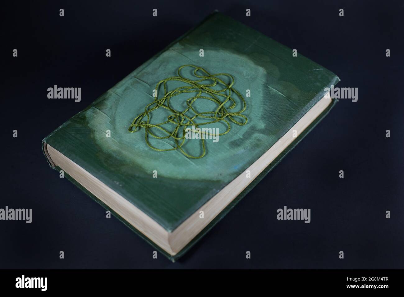 Un vecchio libro danneggiato dall'acqua e dagli agenti atmosferici con una 'boccetta' di corda sulla copertina. Foto Stock