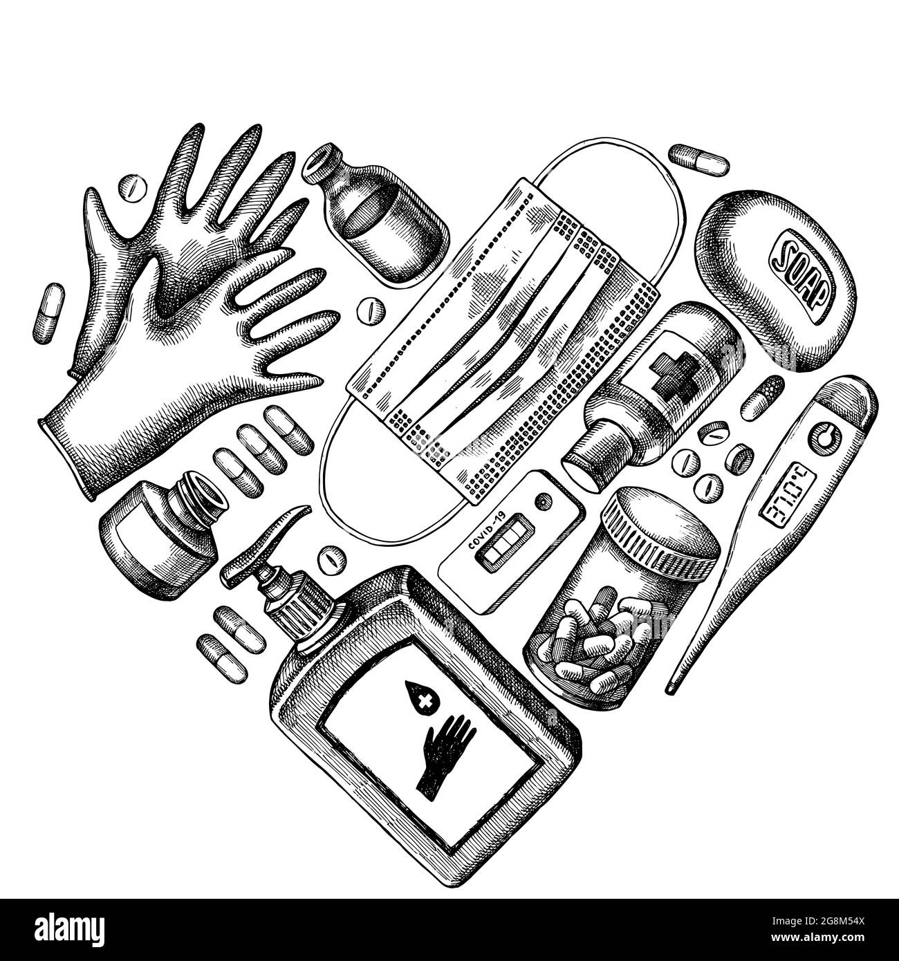Design del cuore con pillole e medicine bianche e nere, maschera medica viso, flaconi disinfettanti, termometro medico, test rapido coronavirus, sapone Illustrazione Vettoriale