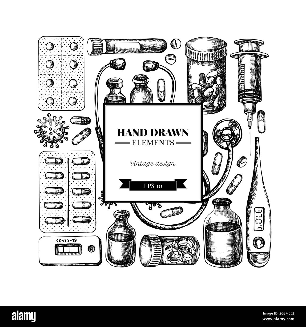 Design quadrato con fiala nera e bianca di sangue, pillole e farmaci, termometro medico, test rapido coronavirus, cellule di batteri coronavirus Illustrazione Vettoriale