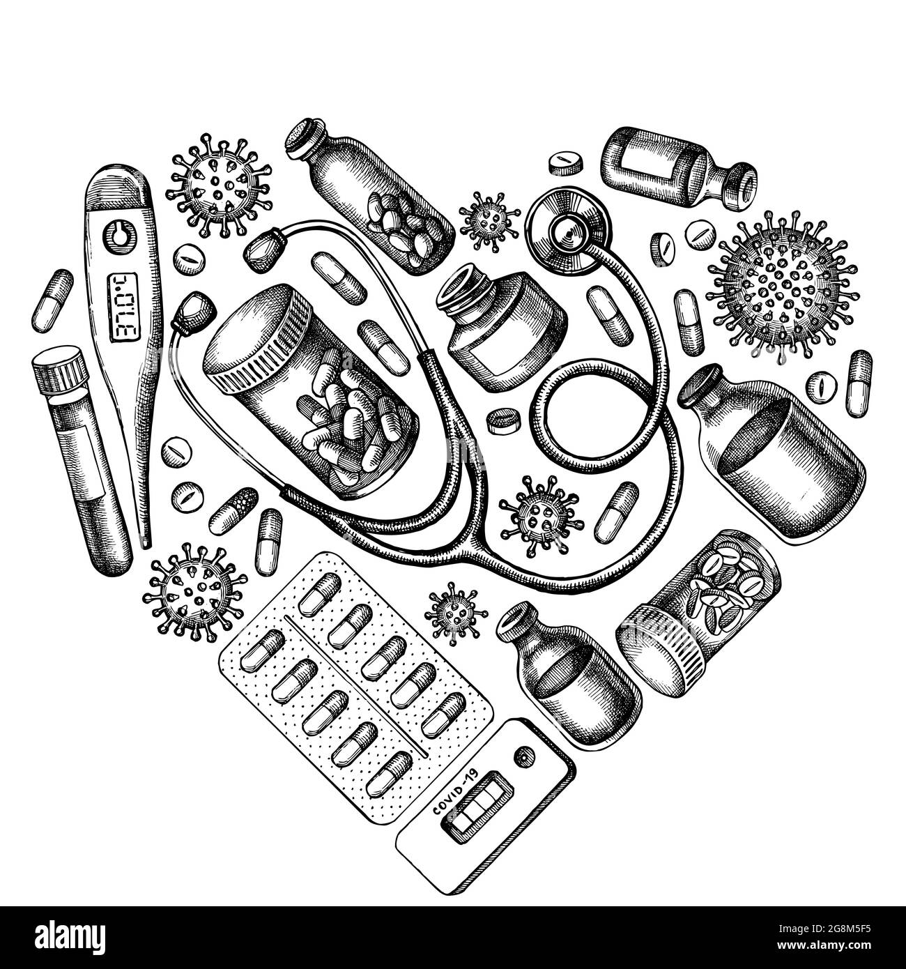 Design del cuore con fiala nera e bianca di sangue, pillole e farmaci, termometro medico, test rapido coronavirus, cellule di batteri coronavirus Illustrazione Vettoriale