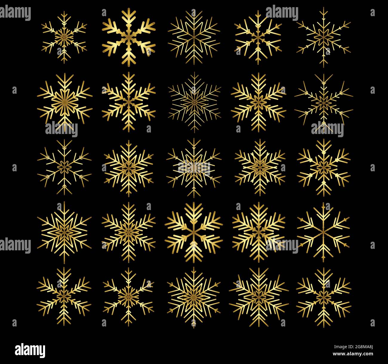 Insieme vettoriale di fiocchi di neve diversi su sfondo nero Illustrazione Vettoriale