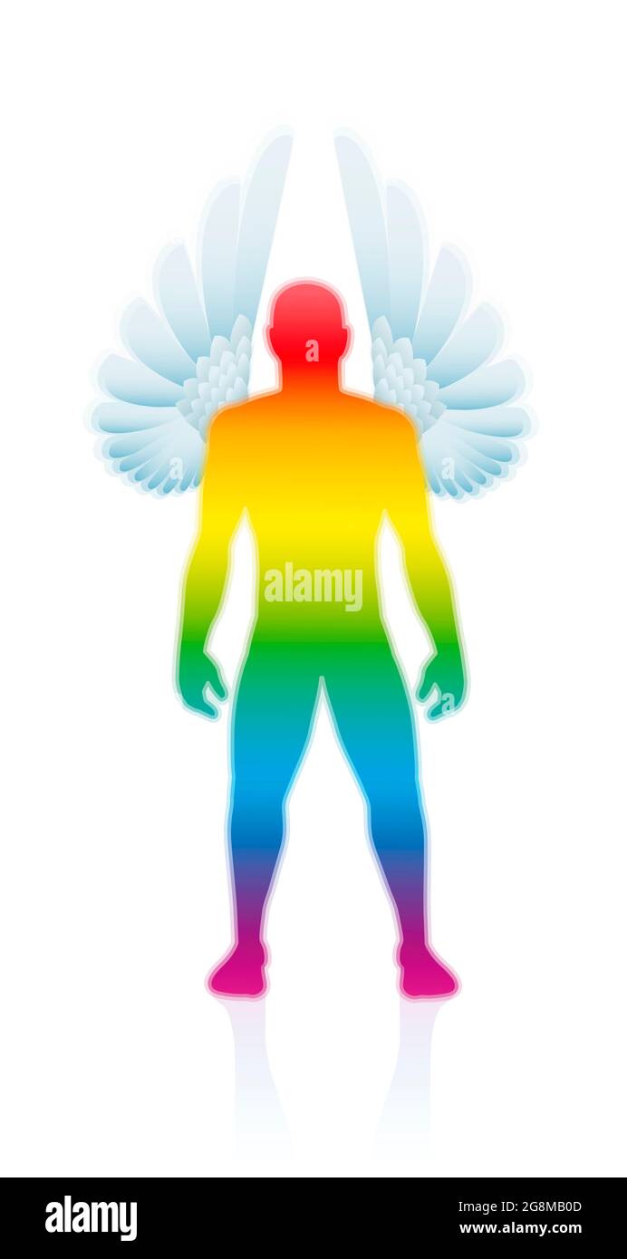 Angelo custode, spirito tutore maschile, corpo arcobaleno colorato con ali d'angelo - illustrazione su sfondo bianco. Foto Stock