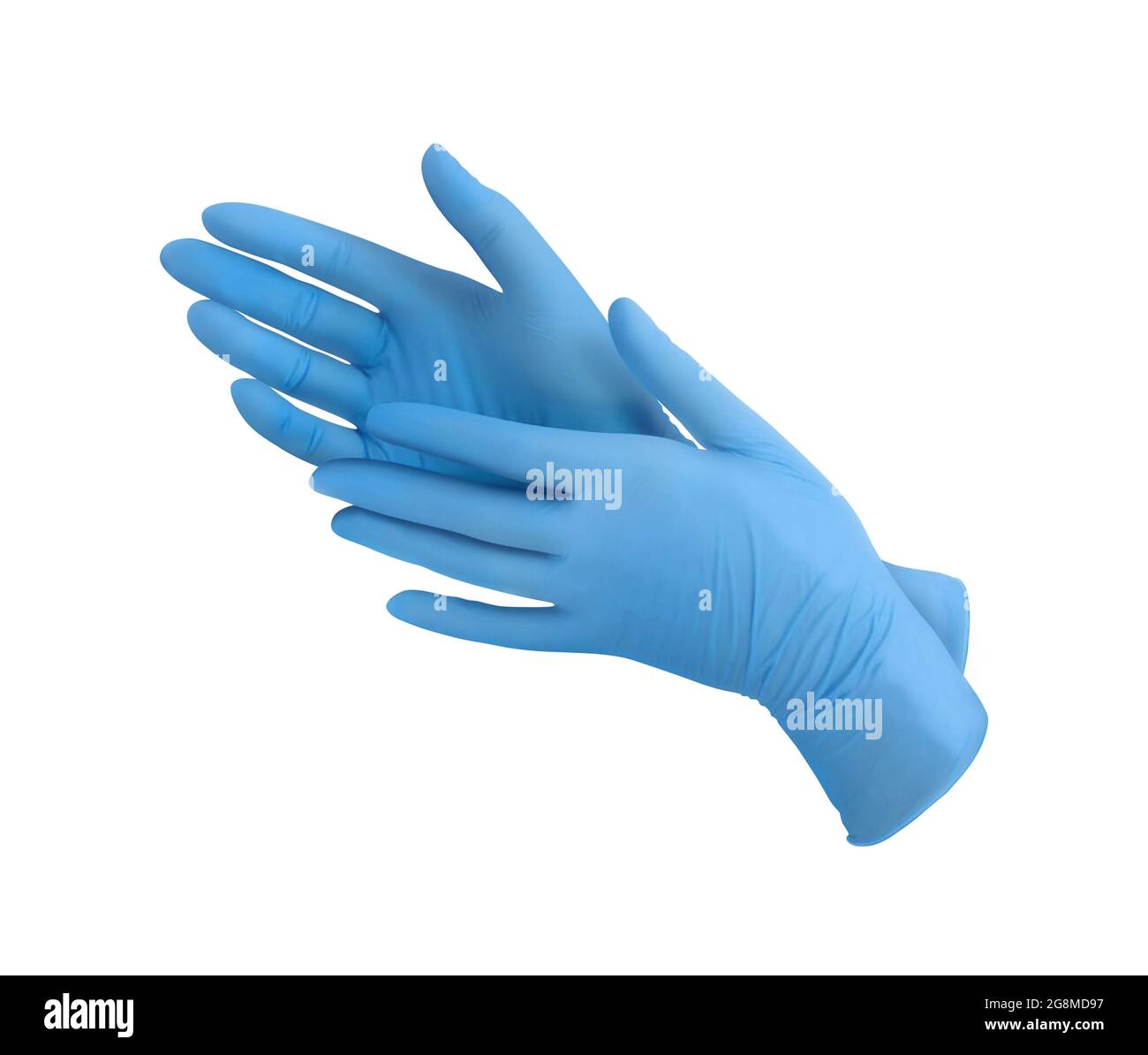 Guanti medici in nitrile.due guanti chirurgici blu isolati su sfondo bianco con le mani. Produzione di guanti in gomma, la mano umana indossa un glo in lattice Foto Stock