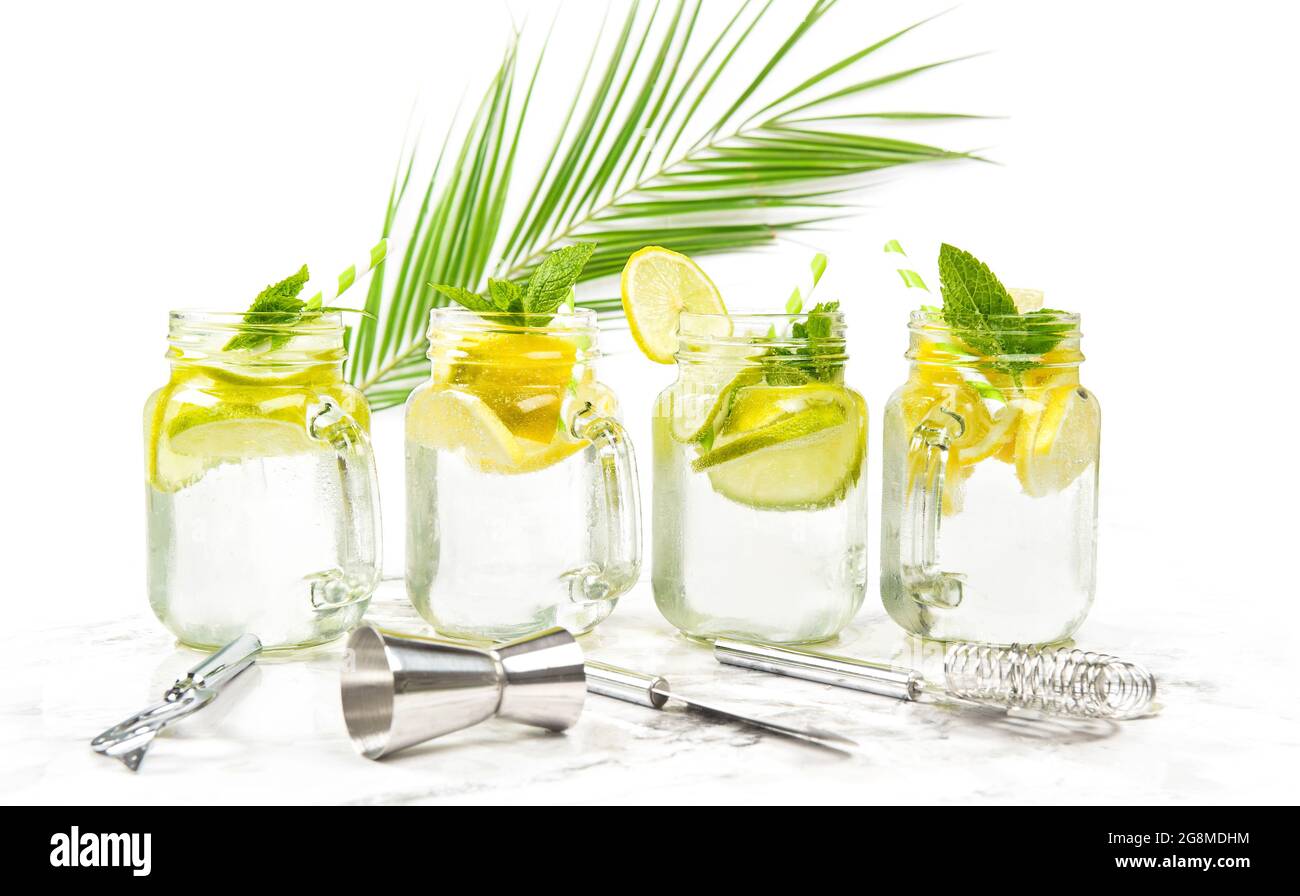 Bevanda fredda con lime, limone, menta e ghiaccio. Cocktail. Utensili da bar e decorazioni con foglie di palma su sfondo bianco Foto Stock