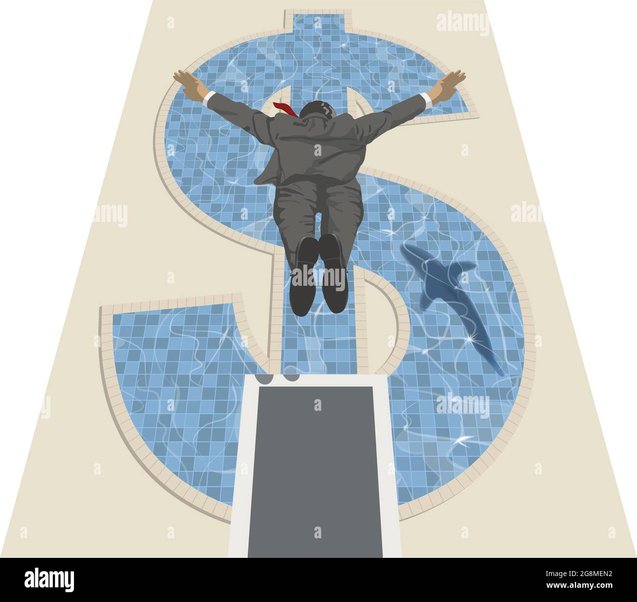 Illustrazione vettoriale di un uomo d'affari completamente vestito che tuffa da un alto bordo di immersione in una piscina a forma di dollaro in cui uno squalo sta nuotando Illustrazione Vettoriale