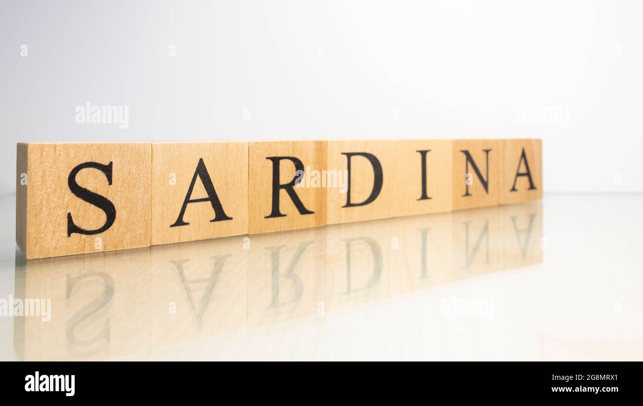 Il nome Sardina è stato creato da cubi di legno lettera. Frutti di mare e cibo. Primo piano. Foto Stock