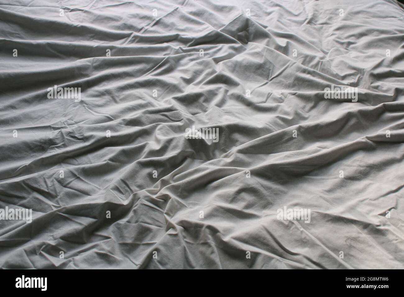 Un foglio di letto stropicciato con peli di animali domestici Foto Stock