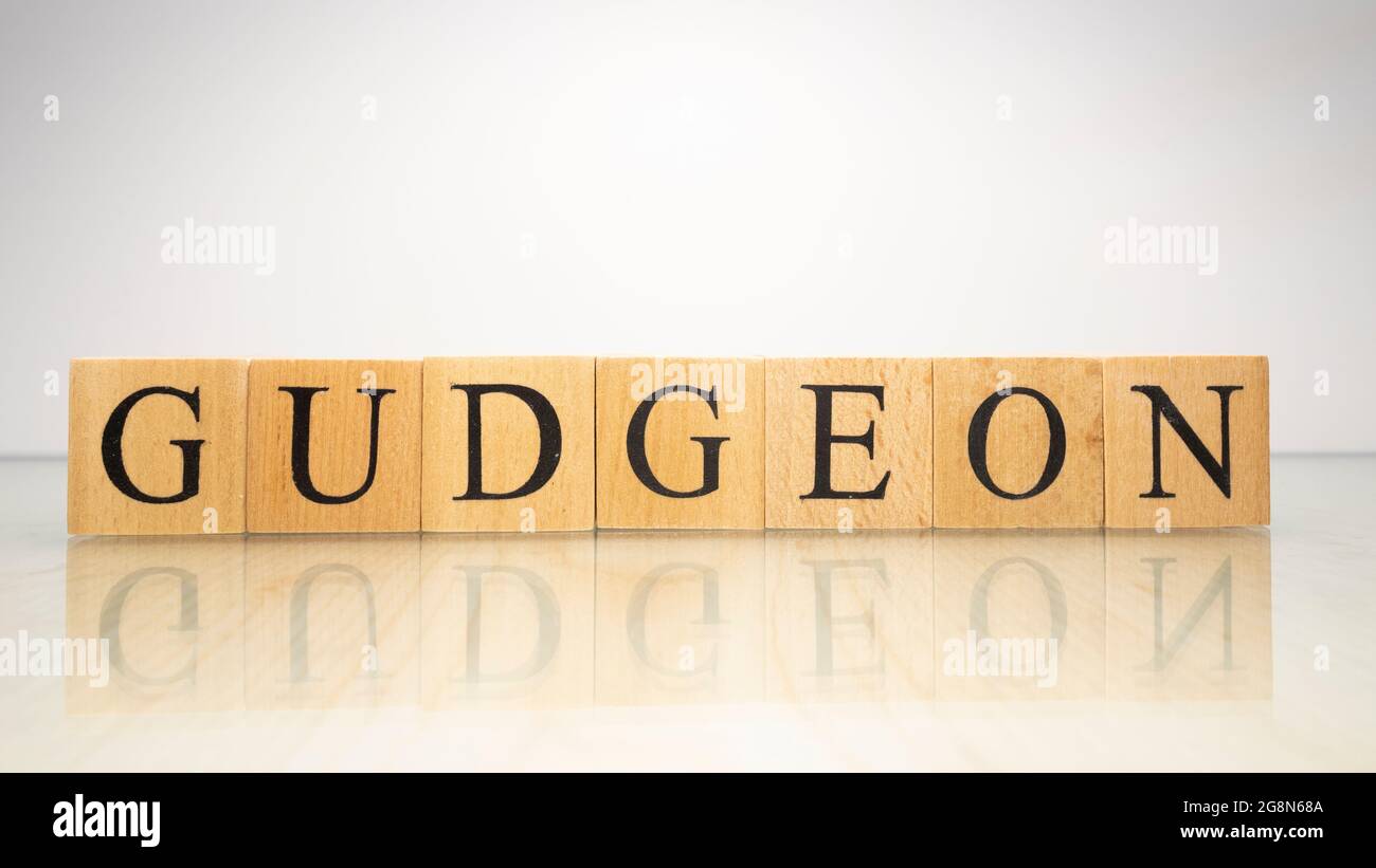 Il gudgeon nome è stato creato da cubi di lettere di legno. Frutti di mare e cibo. Foto Stock