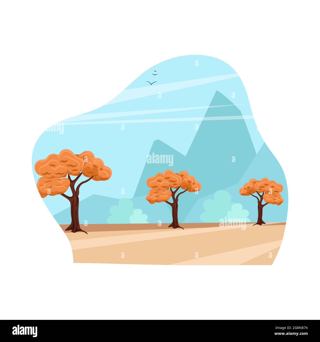 Paesaggio autunnale, panorama del sentiero vicino alle montagne, alberi e natura, vettore illustrazione in stile piatto. Cartone animato Illustrazione Vettoriale