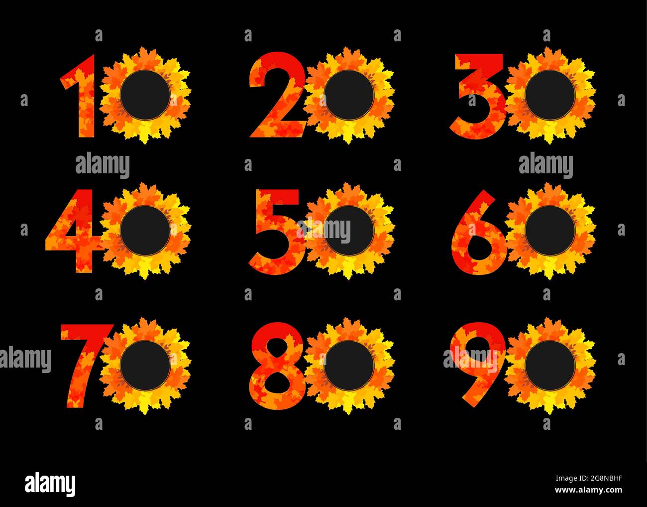Numeri autunnali logotipi. Raccolta con foglie di colore rosso. Sconti round dal 10 al novanta% su sfondo scuro. Cifre astratte Illustrazione Vettoriale