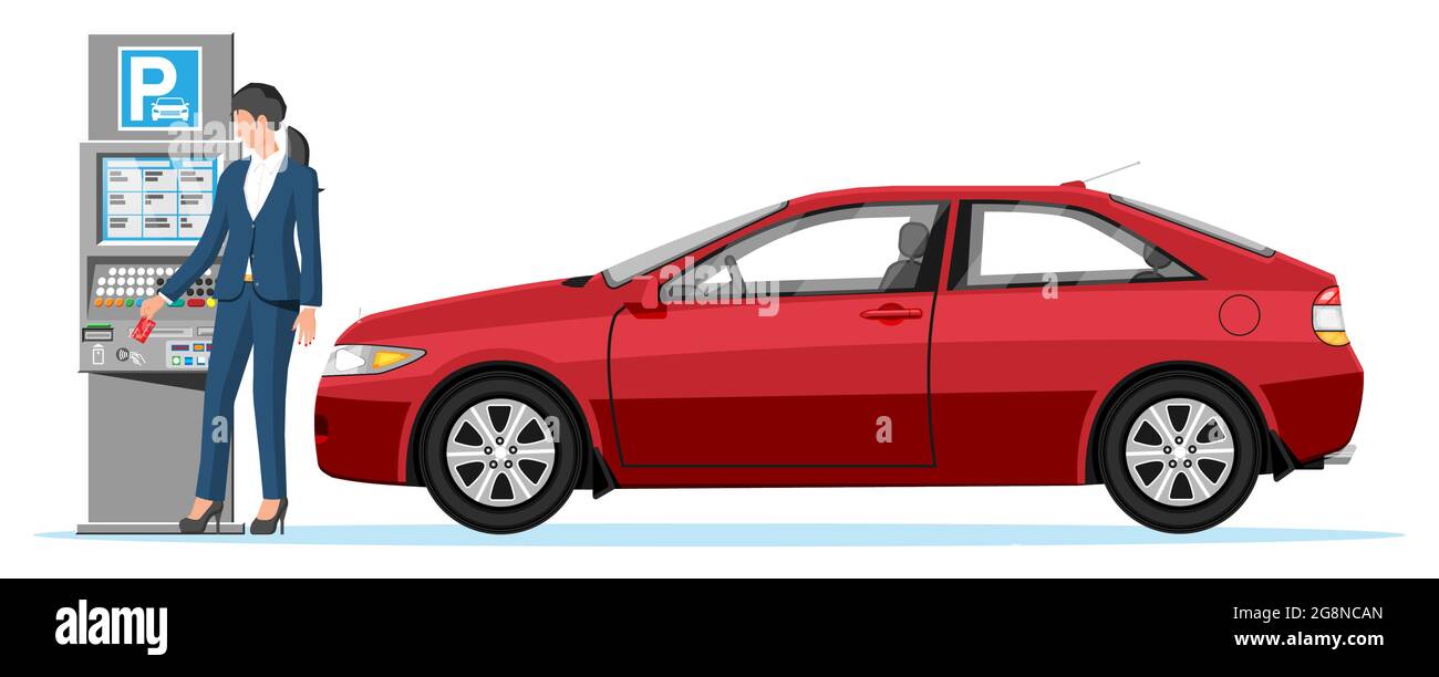 La donna paga per il parcheggio con parcheggio isolato Illustrazione Vettoriale