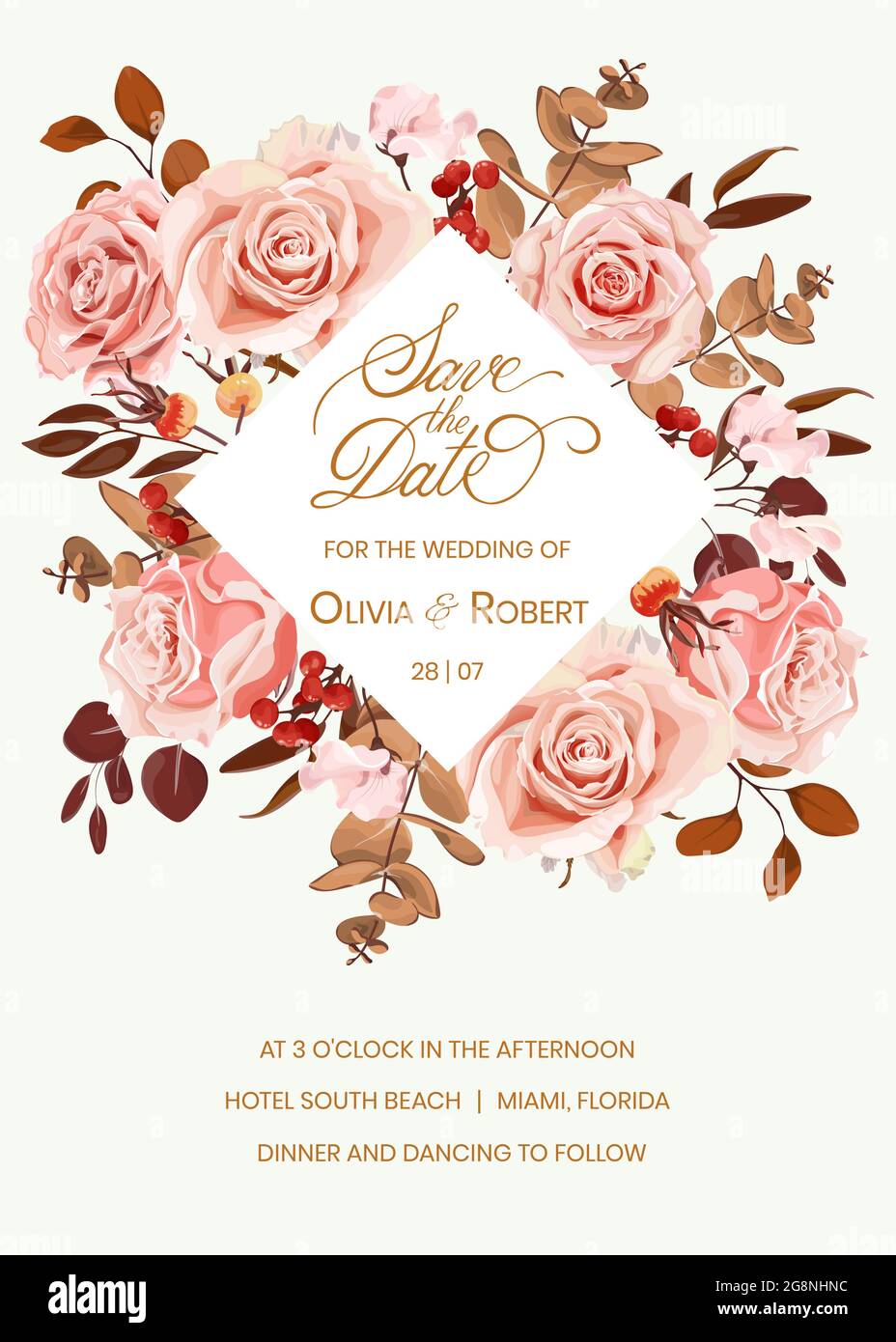 Invito al matrimonio bohémien. Cornice per matrimoni con arrangiamento floreale con rose rosa, bacche e foglie di eucalipto. Stile boho. Illustrazione Vettoriale