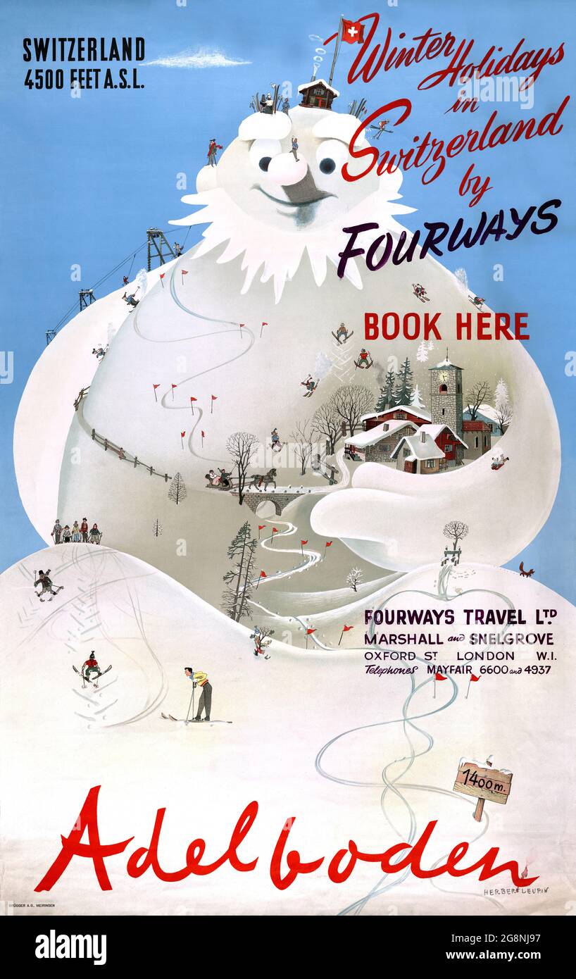 Adelboden. Vacanze invernali in Svizzera con Fourways di Herbert Leupin (1916-1999). Poster vintage restaurato pubblicato nel 1947 in Svizzera. Foto Stock