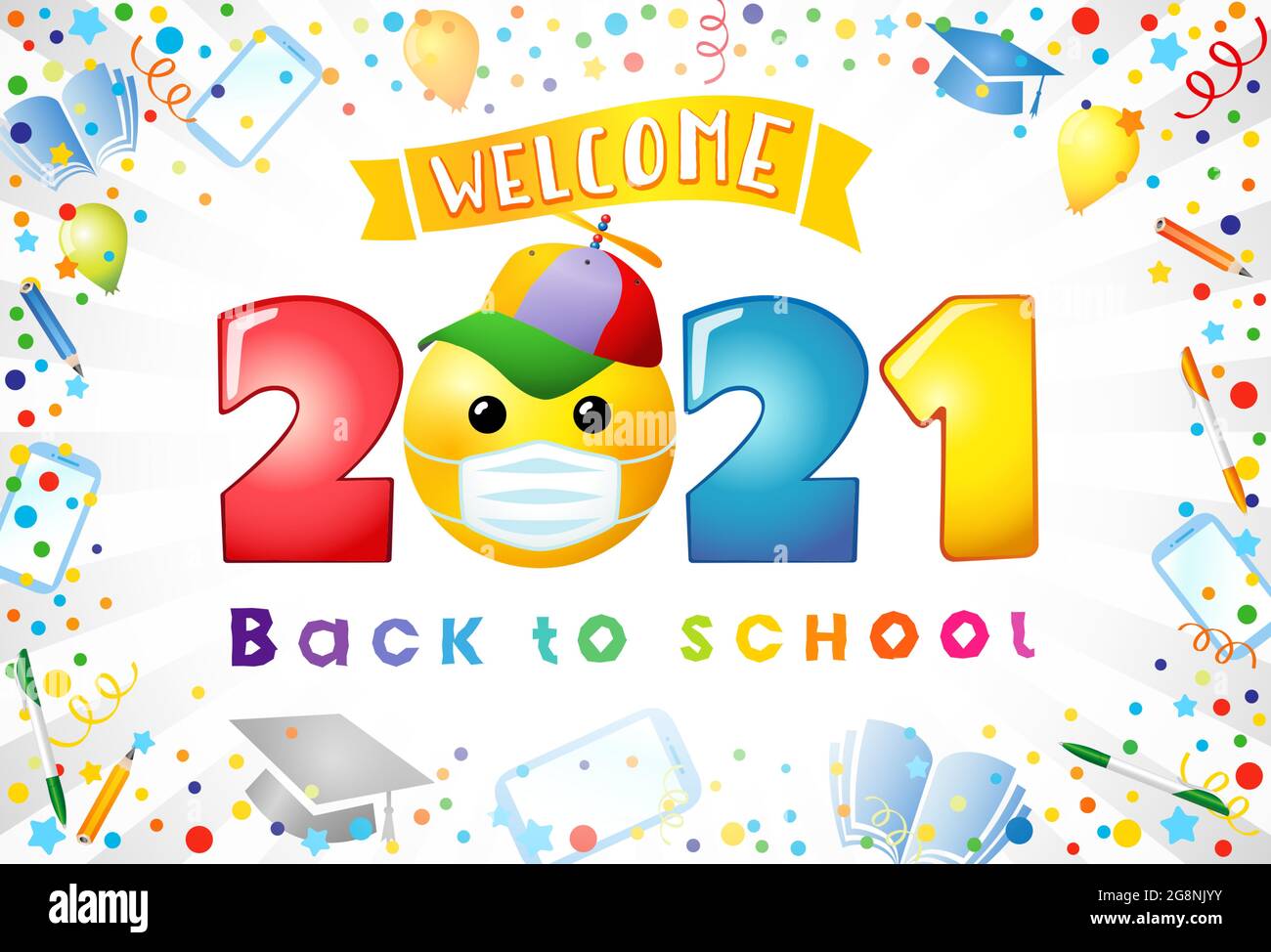 Benvenuti a scuola 2021 con il viso emoji in maschera medica. Concetto di educazione con testo, numeri 3d, penna, matita, confetti colorati e forniture Illustrazione Vettoriale