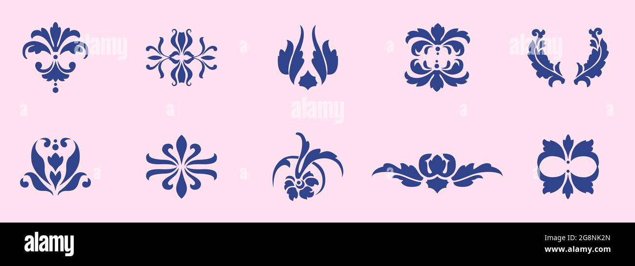 Design in pizzo floreale Damasco di colore blu su sfondo rosa Illustrazione Vettoriale