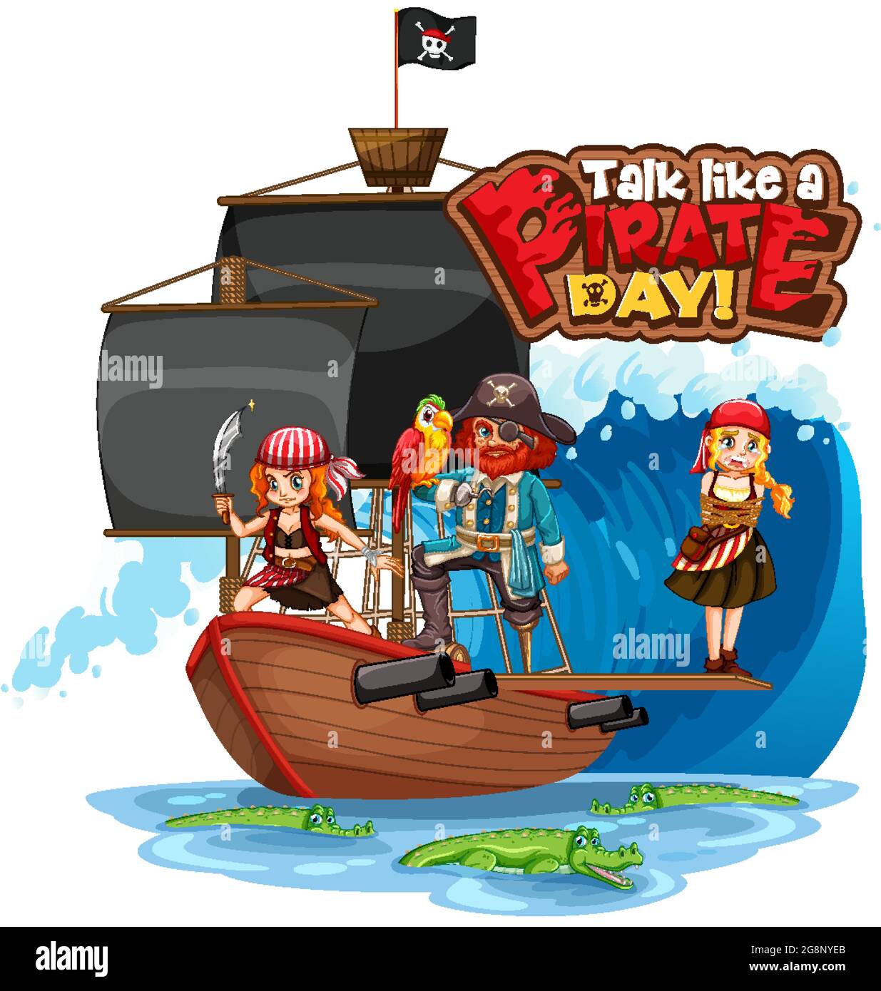 Parla come un banner del carattere del giorno dei pirati con l'illustrazione del personaggio dei cartoni animati pirati Illustrazione Vettoriale