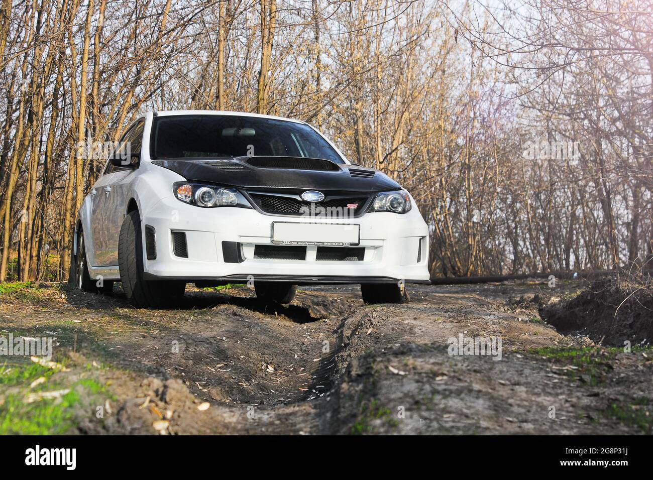 Kiev, Ucraina - 25 marzo 2015: Subaru Impreza WRX STI nel parco. Auto giapponese su sfondo naturale Foto Stock