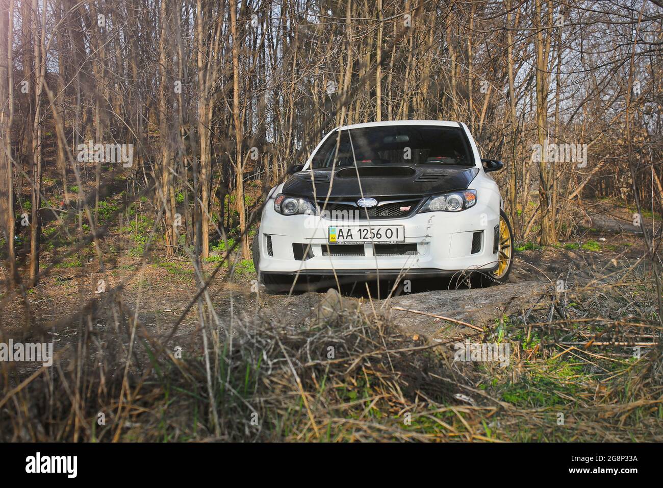 Kiev, Ucraina - 25 marzo 2015: Subaru Impreza WRX STI nel parco. Auto giapponese su sfondo naturale Foto Stock
