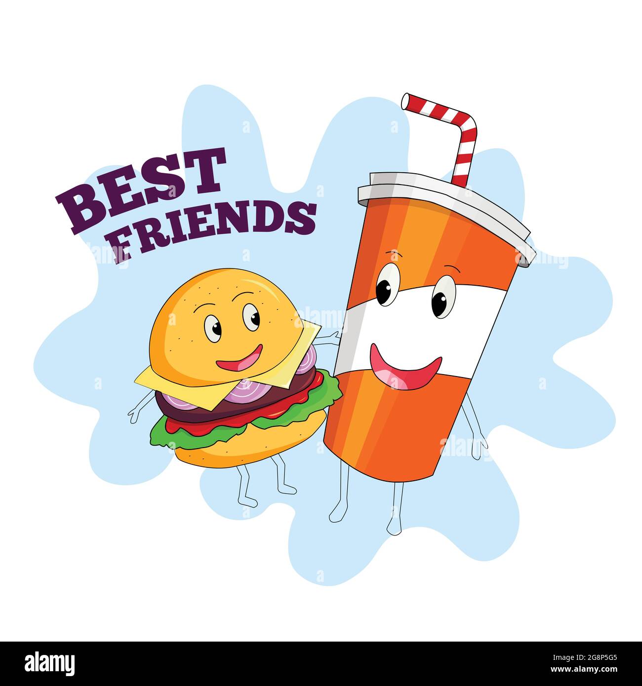 Burger e bevande fredde festeggiano l'amicizia. Il poster mostra hamburger e bevande fredde sono i migliori amici. Illustrazione Vettoriale