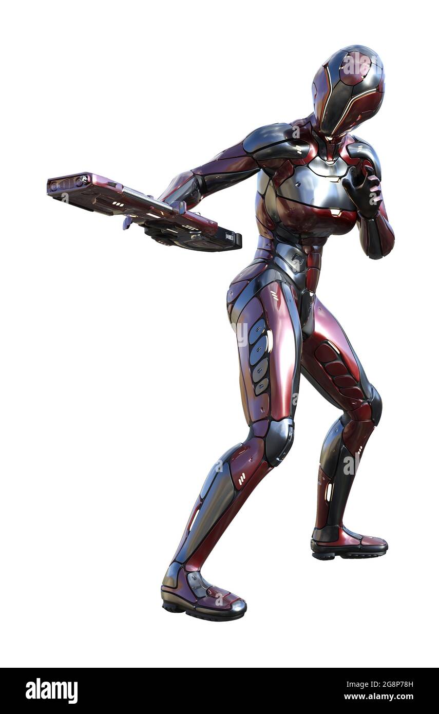 illustrazione in 3d di un soldato futuristico con armatura a corpo pieno che tiene una pistola lateralmente isolata su uno sfondo bianco. Foto Stock