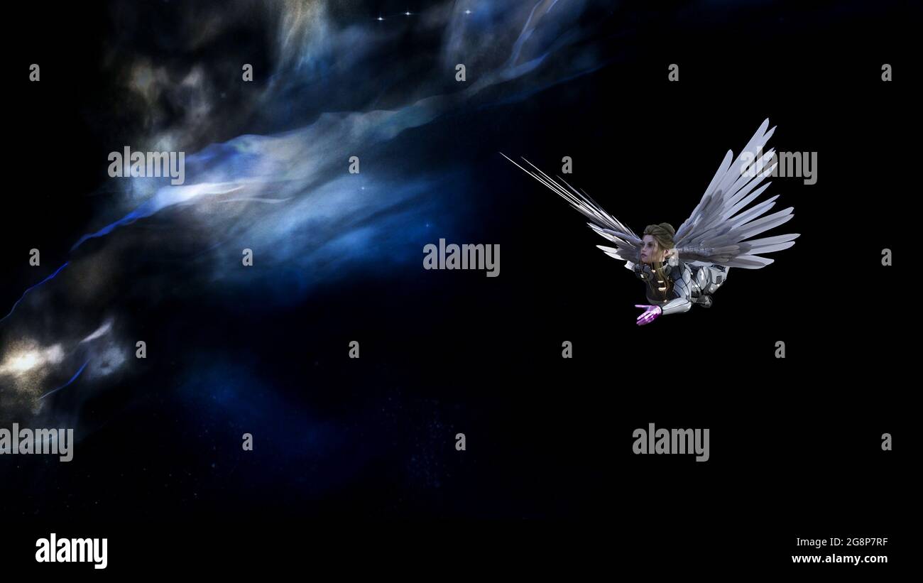 illustrazione in 3d di una donna alata in una tuta spaziale grigia che vola nello spazio con una nebulosa e stelle sullo sfondo. Foto Stock