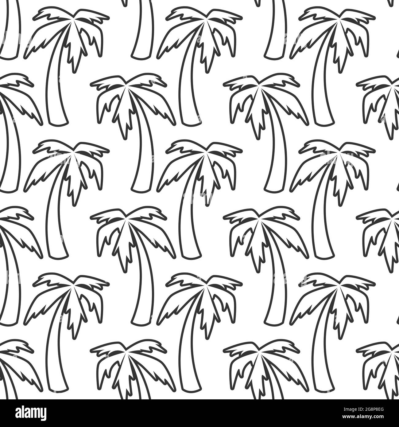 Motivo senza cuciture con palme nere su sfondo bianco. Ornamento vettoriale tropicale estivo. Texture floreale. Illustrazione vettoriale. Ornamento per pr Illustrazione Vettoriale