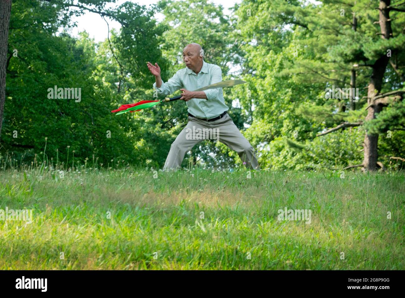 Un uomo americano asiatico più anziano, probabilmente cinese, fa esercizi di tai Chi con una spada. Su una collina in un parco a Queens, New York City. Foto Stock