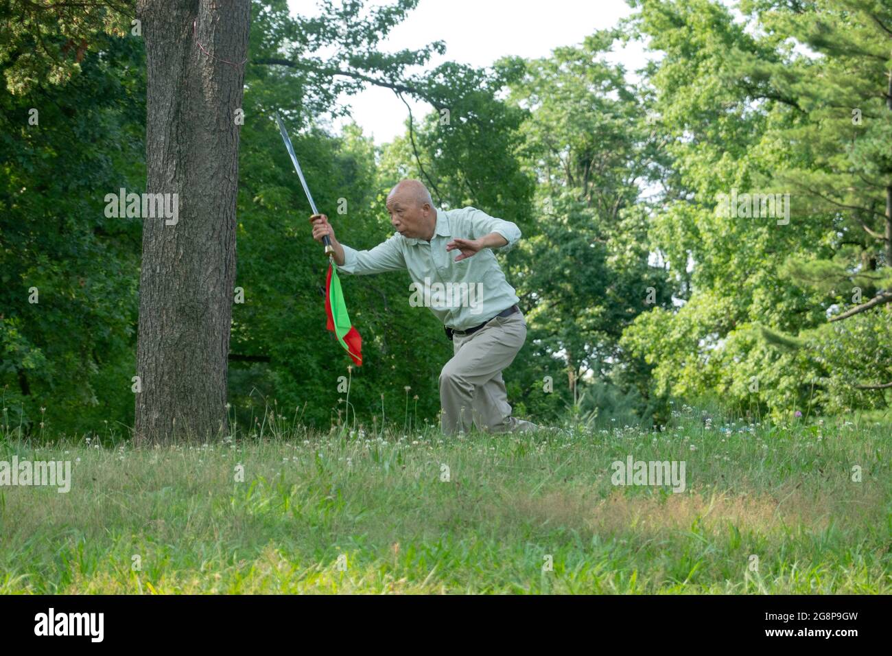Un uomo americano asiatico più anziano, probabilmente cinese, fa esercizi di tai Chi con una spada. Su una collina in un parco a Queens, New York City. Foto Stock