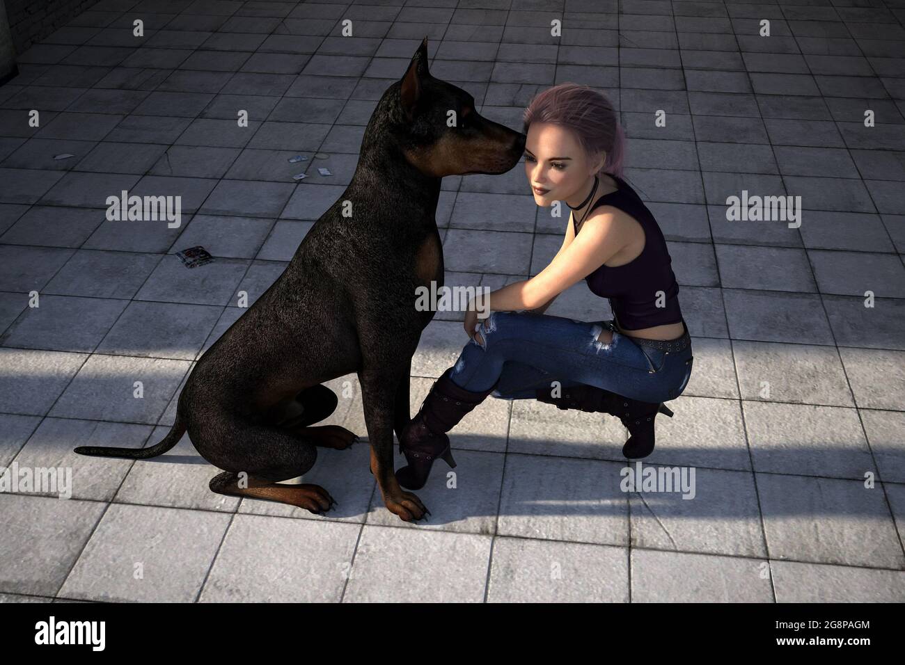 illustrazione 3d di una giovane donna che si accovacciava con il suo cane da compagnia che la ravvizzava sul viso alla luce del mattino presto. Foto Stock