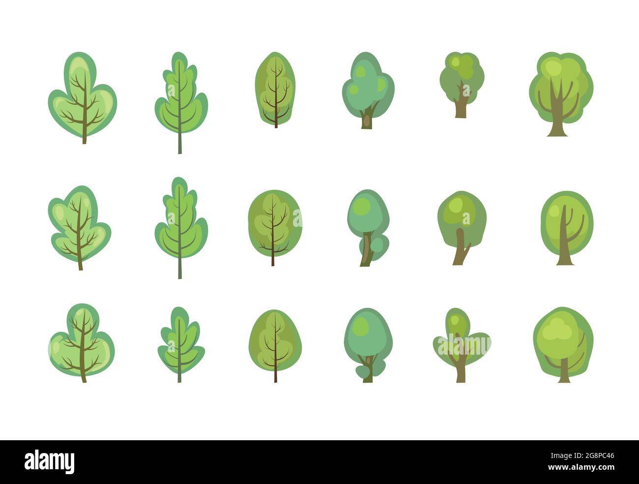 Foresta piatta. Insieme con alberi. Illustrazione in un semplice stile simbolico. Oggetti per un divertente paesaggio verde. Fumetto design. Fuori città selvaggio Illustrazione Vettoriale