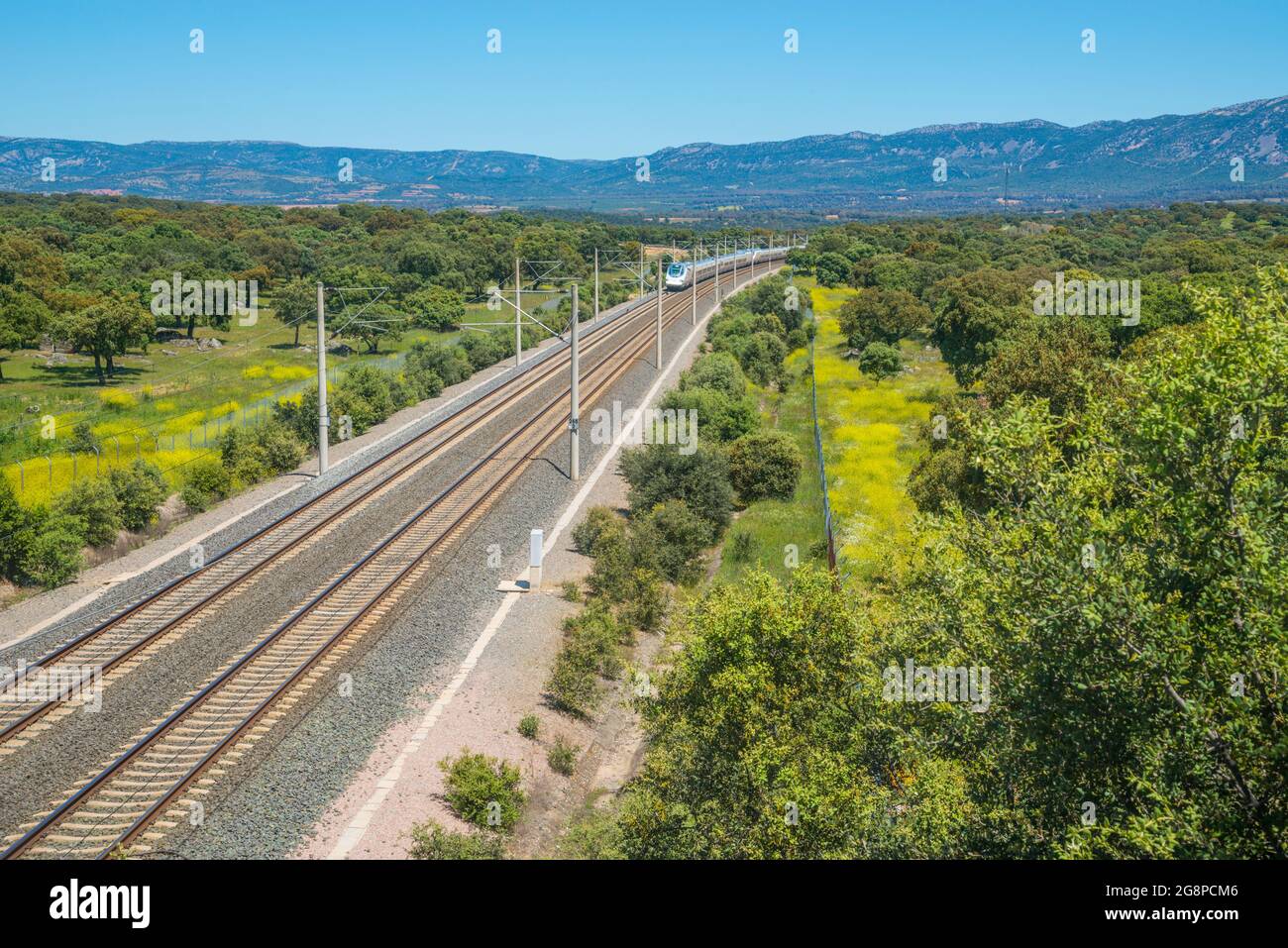 TRENO AD alta velocità CHE viaggia lungo la valle. Los Pedroches, provincia di Cordoba, Andalusia, Spagna. Foto Stock