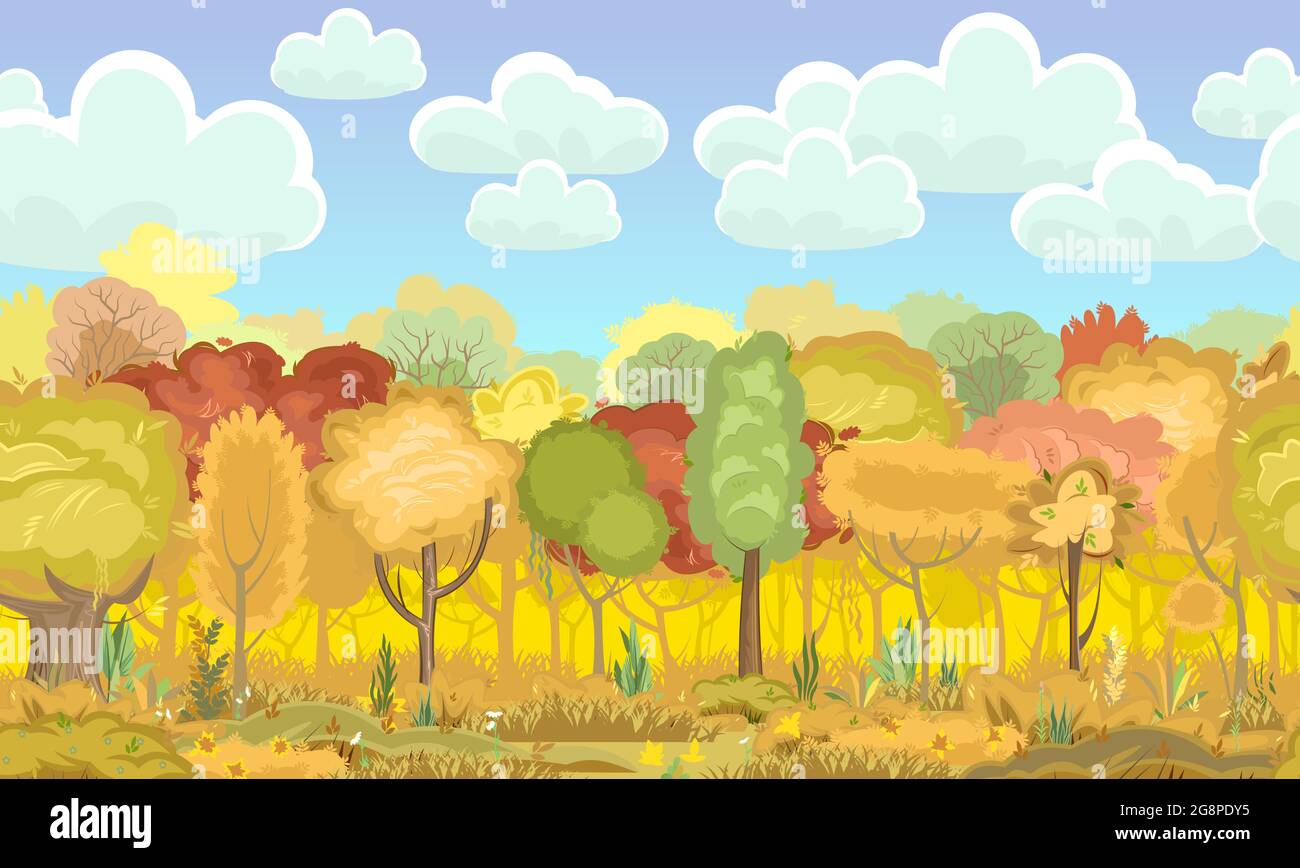 Autunno foresta. Piante verdi, gialle e rosse. Senza interruzioni. Bordo con erba. Glade e prato. Alberi belli e graziosi. Stile piatto. La fine di Illustrazione Vettoriale