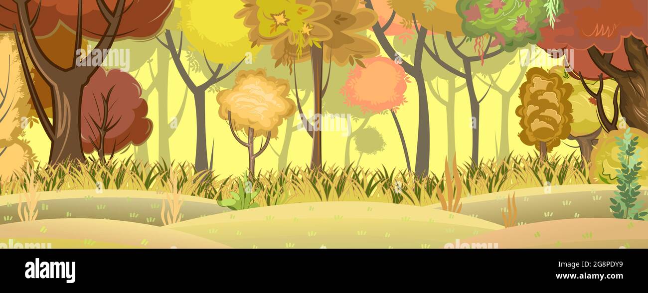 Autunno foresta. Piante verdi, gialle e rosse. Il bordo delle colline. Glade e prato. Alberi belli e graziosi. Stile piatto. La fine dell'estate Illustrazione Vettoriale