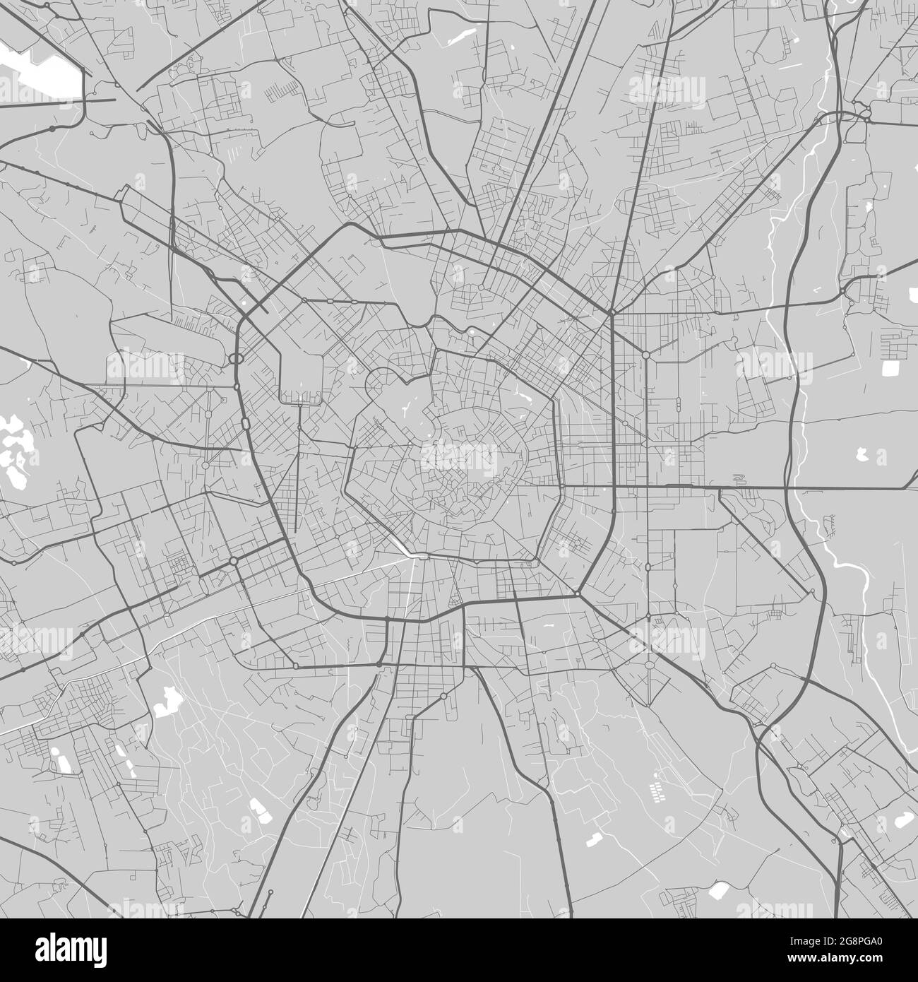 Mappa urbana di Milano. Illustrazione vettoriale, poster a scala di grigi della mappa di Milano. Immagine della mappa stradale con strade, vista dell'area metropolitana. Illustrazione Vettoriale