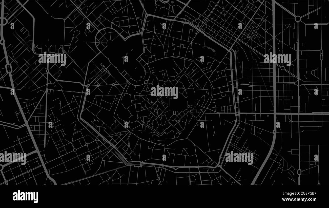 Black Dark Milano Mappa vettoriale dell'area della città, strade e cartografia dell'acqua. Formato widescreen, formato digitale piatto. Illustrazione Vettoriale