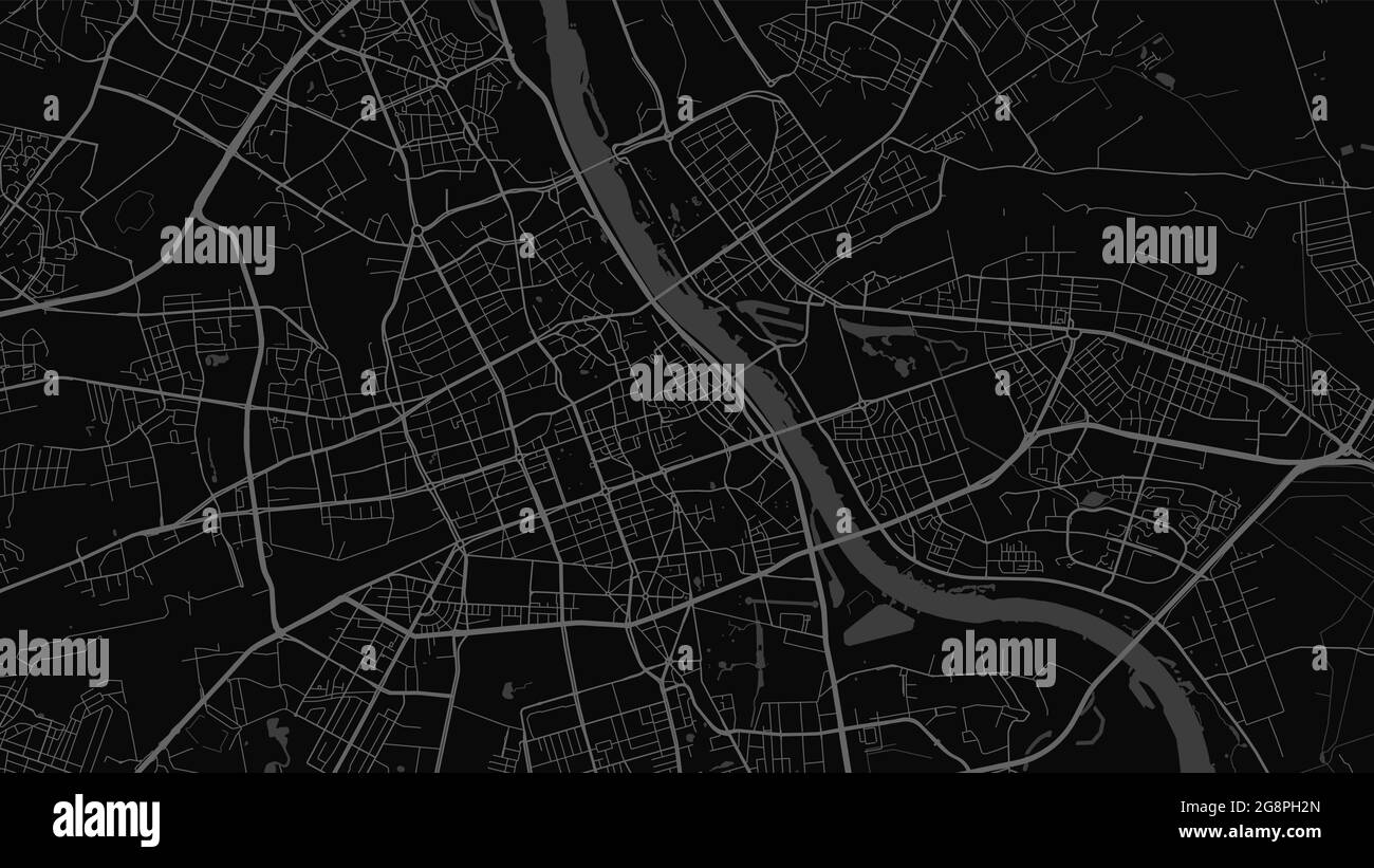 Dark black Warsaw Mappa vettoriale dell'area della città, strade e cartografia dell'acqua. Formato widescreen, formato digitale piatto. Illustrazione Vettoriale