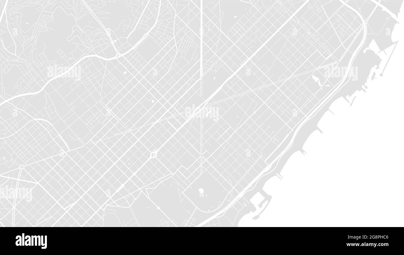 Mappa vettoriale dell'area della città di Barcellona in bianco e grigio chiaro, strade e cartografia dell'acqua. Formato widescreen, design piatto digitale Illustrazione Vettoriale