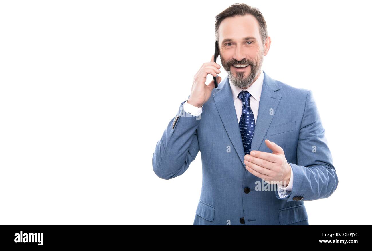 comunicazione. uomo d'affari parla su smartphone. capo uomo ha conversazione. Foto Stock