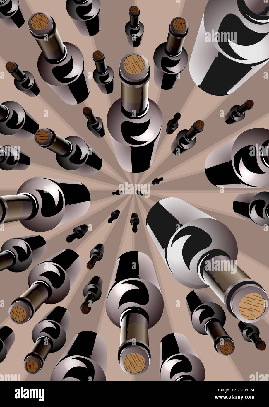 Le bottiglie di vino in un overhead pattern convergenti Illustrazione Vettoriale