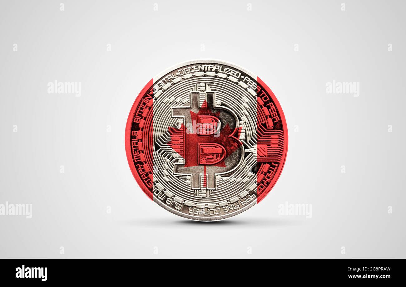 Bandiera canadese su una moneta bitcoin criptovaluta. Rendering 3D Foto Stock