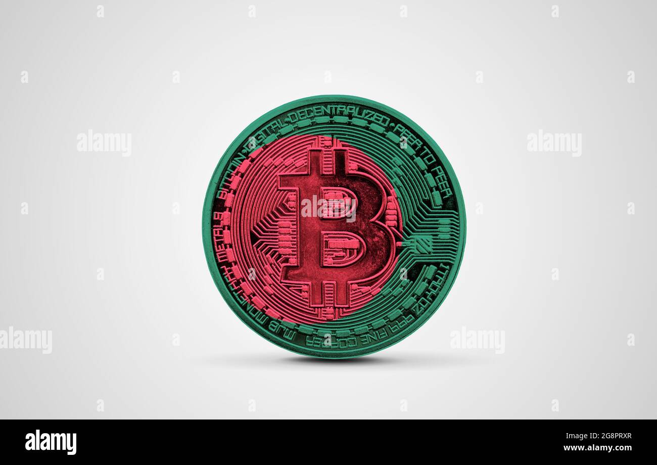 Bandiera del Bangladesh su una moneta bitcoin criptovaluta. Rendering 3D Foto Stock